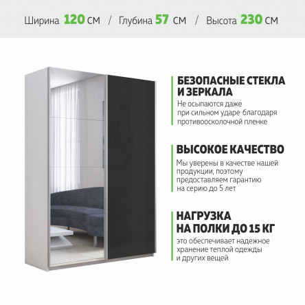 Шкаф-купе Прайм Зеркало/Стекло черное, 120х57х230 1PSchZ_120_B