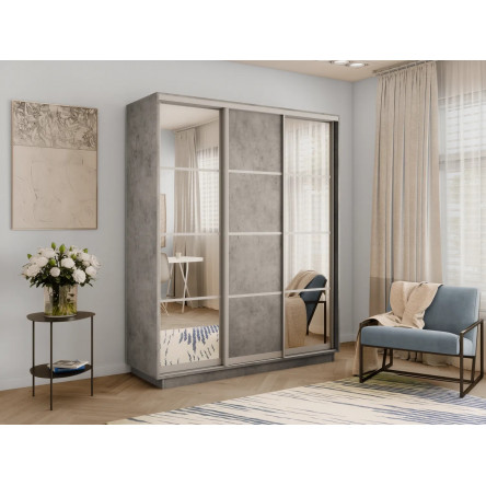 Шкаф-купе Экспресс, бетон, 210х220х60 см, профиль серебро, 1 штанга, 9 полок Зеркало/ЛДСП