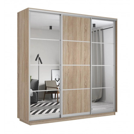 Шкаф-купе Экспресс, сонома, 210х220х60 см, профиль серебро, 1 штанга, 9 полок Зеркало/ЛДСП