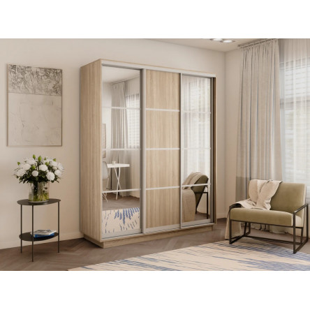 Шкаф-купе Экспресс, сонома, 210х220х60 см, профиль серебро, 1 штанга, 9 полок Зеркало/ЛДСП