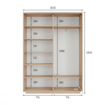 Шкаф купе Экспресс, белый снег, 160х240х44 см, профиль серебро профиль, 1 выдвижная штанга, 7 полок