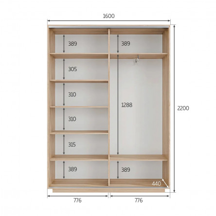 Шкаф купе Экспресс, серый диамант, 160х220х44 см, профиль серебро профиль, 1 выдвижная штанга, 7 полок