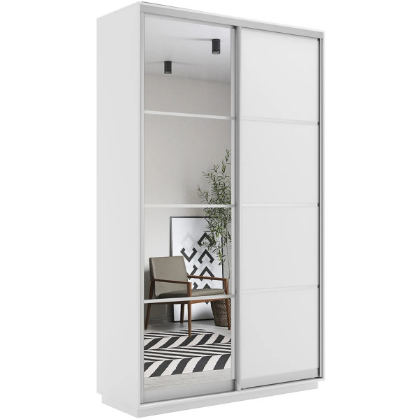 Шкаф купе Экспресс, белый снег, 140х220х60 см, профиль серебро профиль, 1 штанга, 7 полок Зеркало/ЛДСП