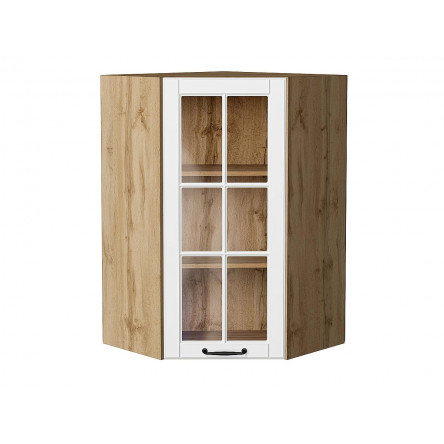 Шкаф верхний угловой остекленный Дублин Special White/Дуб Вотан 920*600*600